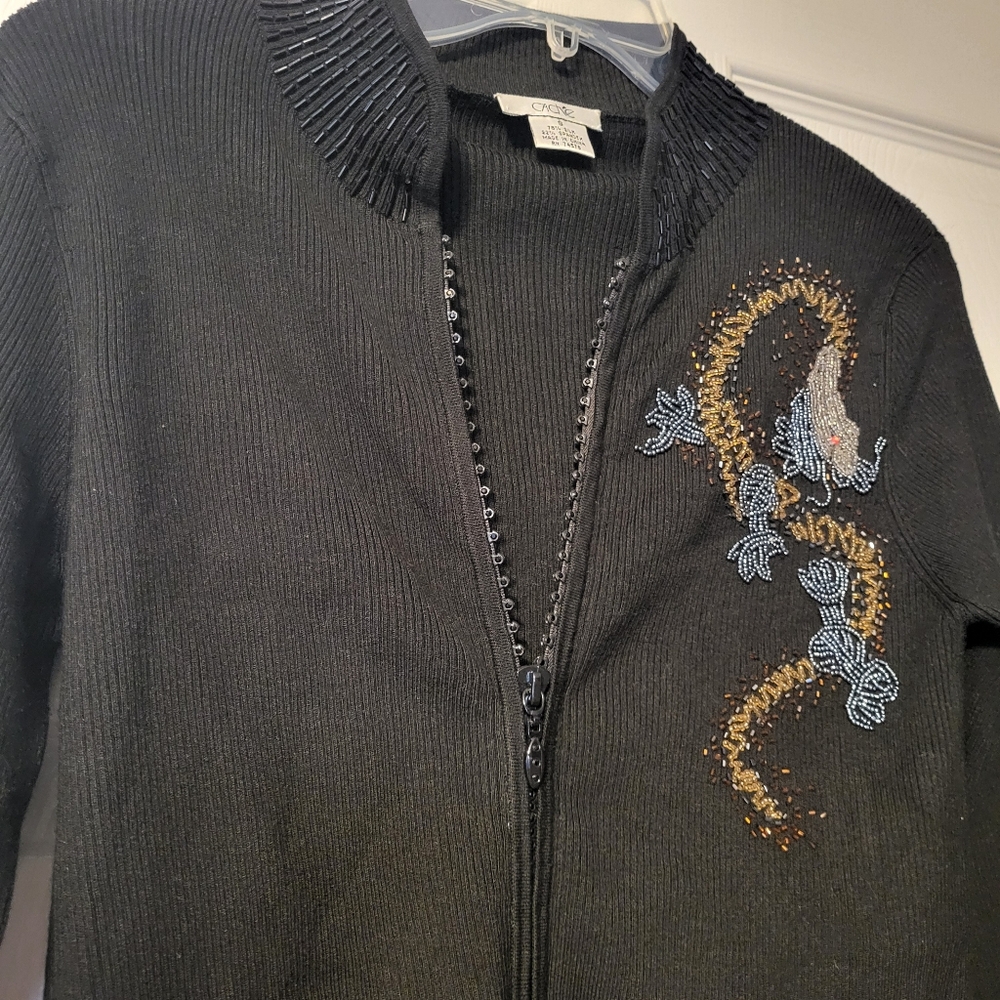Vintage Cache Beaded Dragon Cardigan Silk Blend Women's Size Small‎ Black Y2K - Picture 3 of 12